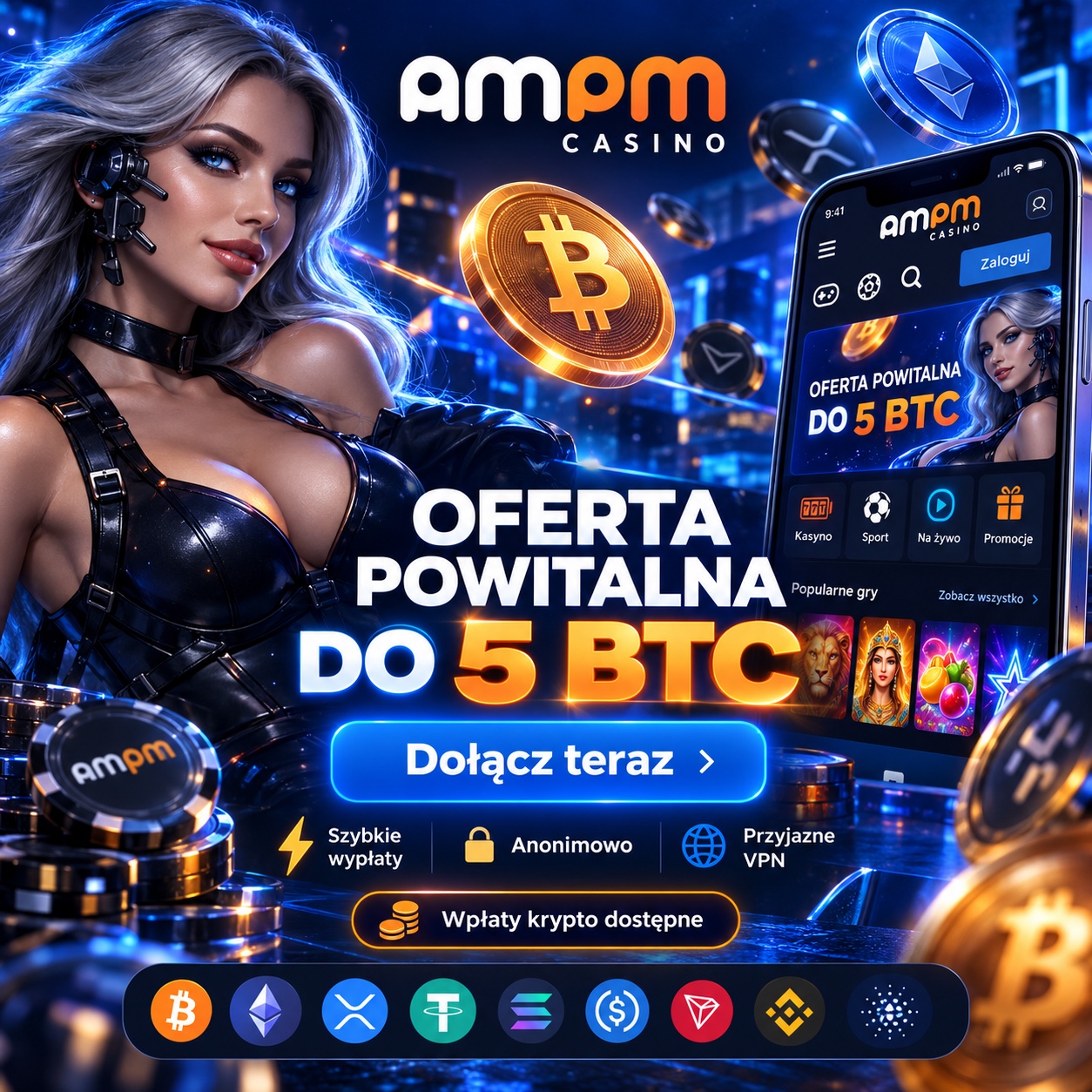 Materiał promocyjny AMPM Casino – oferta do 5 BTC